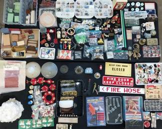 smalls, doll house furniture miniatures, flare gun, Farrah Faucet dollplace card holders, table lighterscake hat, buttons