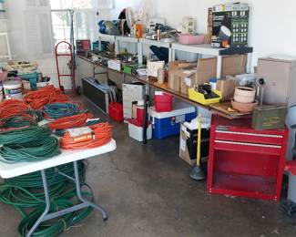 hand tools, shop vac, tool cabinet, extension cords, wheel chair ramps, led light fixtures, ammo box, space heaters, coolers