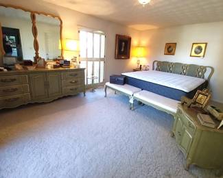 , French provincial complete king size bedroom (dresser, mirror, 2 nightstands, 2 benches, bed w/Sealy mattress