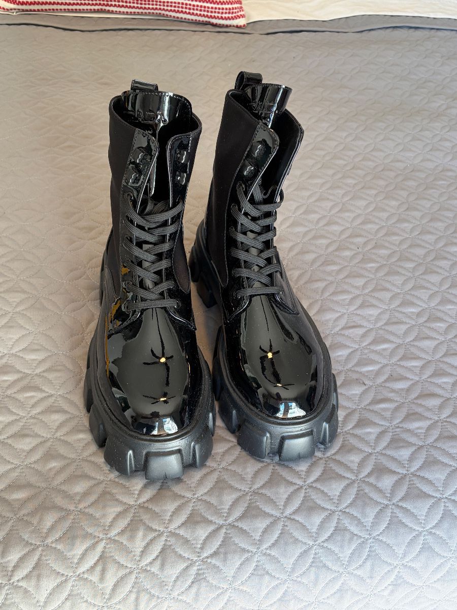 Prada Glossy Black Patent Leather Combat Boots Size 43