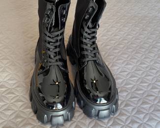 Prada Glossy Black Patent Leather Combat Boots Size 43