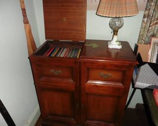 Magnavox Stereo Cabinet, Milk Glass and Crystal Lamp and Records