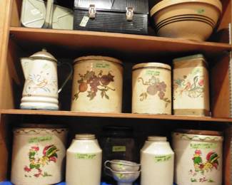 Vintage Stone Crocks, Metal Lunch Box and Coffee Pot