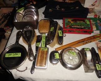 Silver Vanity Sets (mirror and Brush) and Silver and Crystal Coasters
