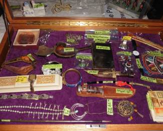 Costume Jewelry, Native American Beaded Bag, Antique Pipe, Knife Stamps (including Hitler and Mussolini)