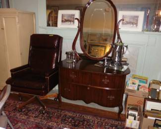 Dresser with Mirror, Leather Office Chair, Vintage Clothes Cabinet, Candle holders and Artwork