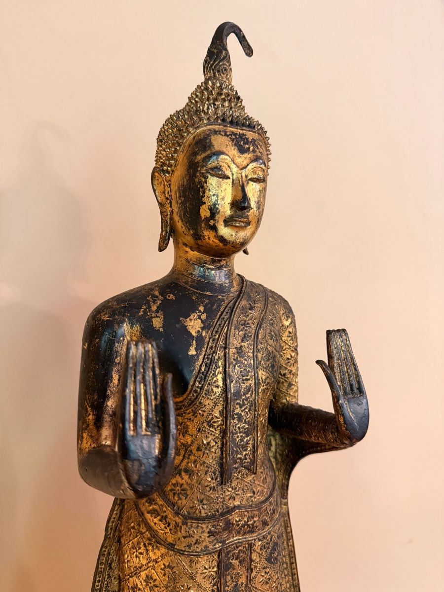 Gorgeous gilt bronze Thai standing Buddha ca. Early Rattanakosin, approximately 30” tall