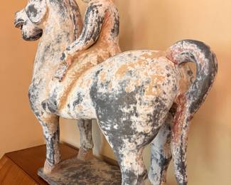 Large Tang Dynasty style terracotta Mingqi (burial goods) - Horse and Rider, approximately 26” T x 28” L