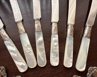 Set of 6 heavy antique sterling silver forks (monogrammed) and sterling collar w/ mother of pearl handle fruit knives
