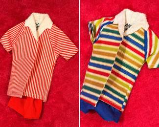 1960’s original Ken doll striped terry shirt w/ red swim shorts and Ken’s friend Allan’s terry shirt with blue swim shorts