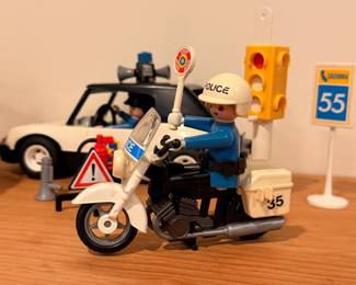 1980’s Playmobil School Bus, Police Car and Police Motorcycle w/ traffic signs. This will be sold as a set