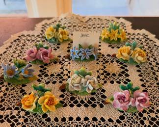 Set of 9 antique Dresden porcelain place card holders