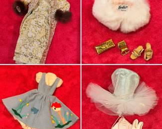 Early vintage Barbie ‘Evening Splendor’, ‘Fur Stole With Bag’ Fashion Set, ‘Friday Night Date’, and ‘Ballerina’ outfits