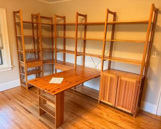 Vintage pine wood modular shelving unit desk system. This spans 10’