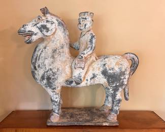 Large Tang Dynasty style terracotta Mingqi (burial goods) - Horse and Rider, approximately 26” T x 28” L