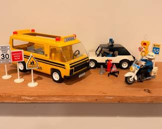 1980’s Playmobil School Bus, Police Car and Police Motorcycle w/ traffic signs. This will be sold as a set