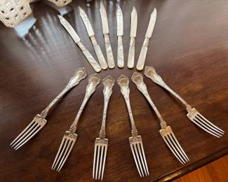 Set of 6 heavy antique sterling silver forks (monogrammed) and sterling collar w/ mother of pearl handle fruit knives