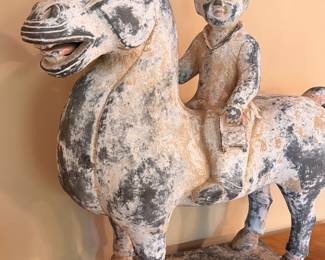 Large Tang Dynasty style terracotta Mingqi (burial goods) - Horse and Rider, approximately 26” T x 28” L