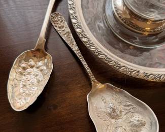 Sterling silver w/ crystal pieces and large sterling silver spoons, including one (strawberry) by Stieff