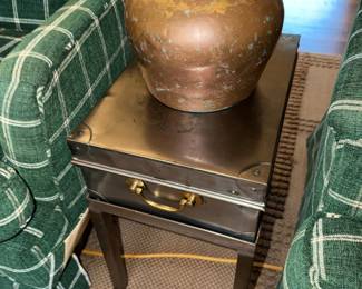 Metal box table on stand - dovetailed copper jug
