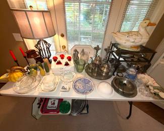one of many tables of smalls - china - pewter...