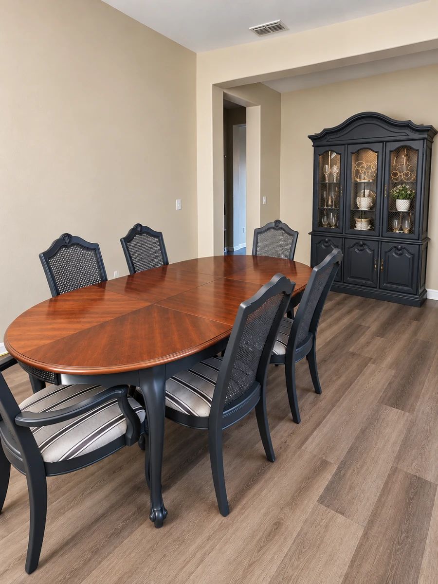 Antique table with leaf and 6 chairs and hutch