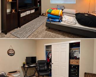 Teen boy room with queen adjustable base that vibrates with remote (no mattress). Entertainment center, gaming desk, chair, keyboard. Teen boy clothes.