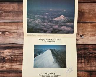 Vintage 1980 Mt. St. Helens photo print booklet titled 'Sleeping Beauty Turned Killer' by John E. Heiting, Jr., signed on the lower right corner.