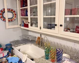 Kitchen, dishes, glassware, towels, Talavera pottery