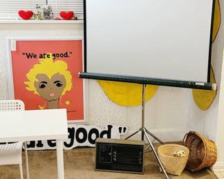 50" X 50" Vintage 1950's Projection Screen, Framed #marelovesu "We are good" painting and Lemon paintings, Vintage Heater
