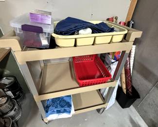 Three shelf tray on wheels.