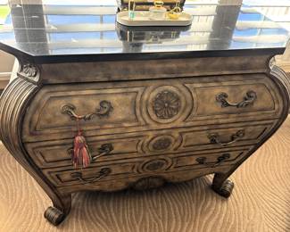 BUY IT NOW! $295.00. Wood black marble top, three drawer carved,  Bombay Commode. 20" D x 39" W x 34" H. Call Jan at 314 960-5700.