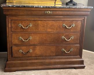 BUY IT NOW! $750.00 (each). Pair of Henredon Charles X, burlwood night stand/chest of drawers w/marble top. 19" D x 44" W x 34" H. Call Jan at 314 960-5700.
