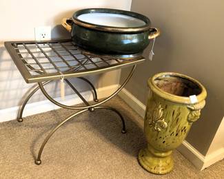 Metal stand, ceramic bowl, vase.