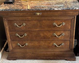 BUY IT NOW! $750.00 (each). Pair of Henredon Charles X, burlwood night stand/chest of drawers w/marble top. 19" D x 44" W x 34" H. Call Jan at 314 960-5700.