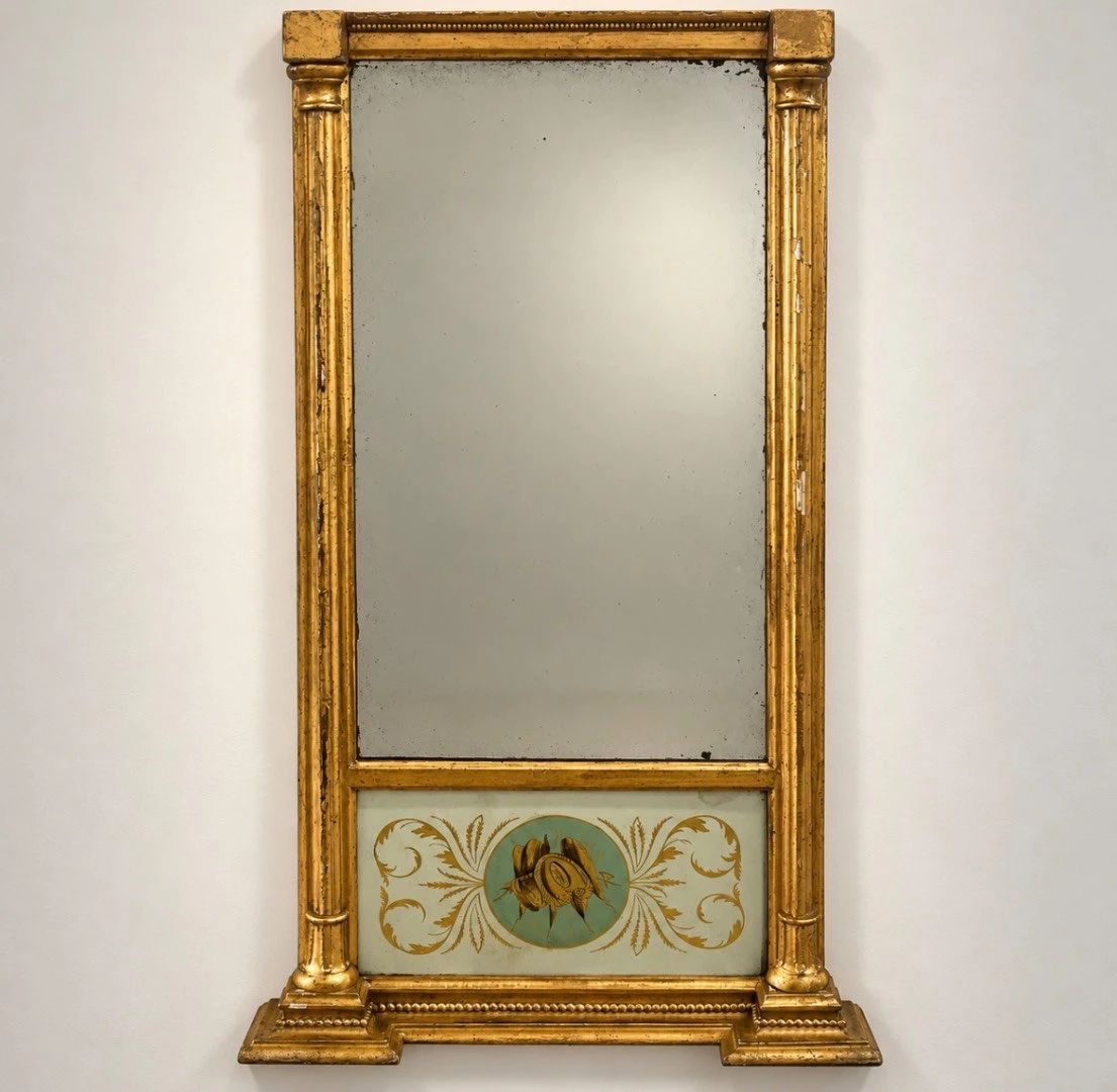 BPLot #1 Antique Federal Style Gilt Wood Trumeau Mirror Eglomise Panel Neoclassical