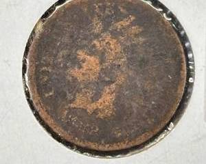 1906 Indian Head Cent One Cent Copper Coin, Worn, Hand-Labeled 1882 Holder, 2x2 Cardboard