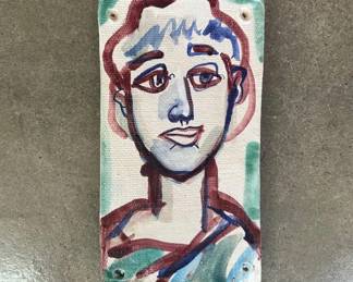 BPLot #31 Vintage Studio Pottery Hand Painted Abstract Portrait Face Wall Plaque Tile Maroon Blue Green Glaze