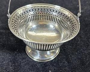 Sterling Silver Reticulated Pierced Footed Bridal Basket with Swing Handle, Pattern 3806, c. 1910s,