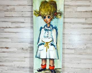JCLot #76 Vintage Michel Paris Big Eyed Girl Oil Painting on Canvas Mid Century Pigtails Orange Socks Signed