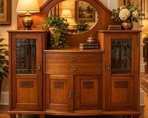 Antique Oak Bowfront Sideboard Buffet Beveled Oval Mirror Leaded Glass Doors Carved Panels