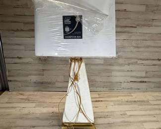 BPLot #49 Textured White Obelisk Table Lamp, Embedded Seashells, Gold-Tone Footed Base, New Hampton Bay Shade