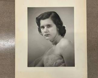 TLot #97 Vintage 1950s Studio Portrait Photograph Young Woman Pearl Choker Lace Gown Black White Mat