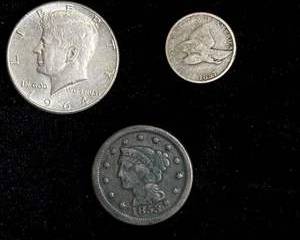3 US Coins: 1964 Kennedy 90% Silver Half, 1857 Flying Eagle Cent, 1853 Braided Hair Large Cent