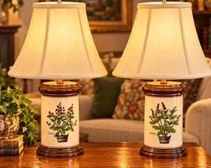 Pair Vintage Ceramic Herb Table Lamps Sage & Basil Botanical Wood Base Cream Bell Shades