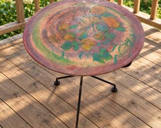 BPLot #7 Round Hand-Painted Folk Art Accent Table Iron Tripod Base Floral Fruit Motif