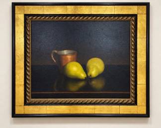 BPLot #73 A. Jackson Signed Still Life Oil on Canvas Two Green Pears Copper Mug Framed Gold Leaf Rope