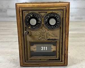 Vintage Americana Designs US Post Office Door Coin Bank Brass Eagle Combination Dials Oak Box 311