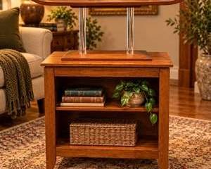 Mid Century Modern Wood Pagoda Style Display Stand Lucite Acrylic Rods on Open Shelf Cabinet