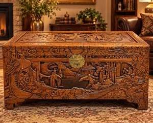 Vintage Singapore Carved Wood Chest Dragon Phoenix Village Scene Brass Hasp Blanket Trunk